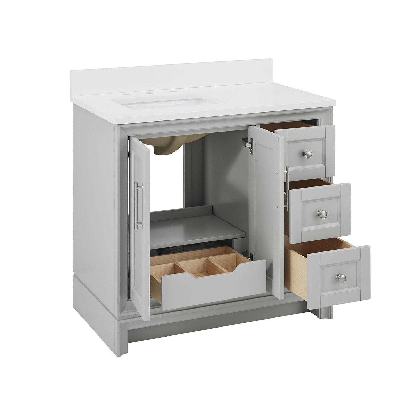 Stone-gray 36-inch freestanding solid wood single-sink vanity with white stone top and integrated ceramic basin, three right-side drawers and open center cabinet revealing a pull-out divided wooden tray and interior shelf with silver hardware.