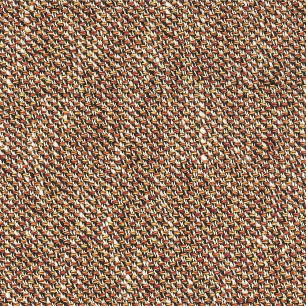 Close-up of beige multicolored woven upholstery fabric with tight basketweave texture showing beige, rust, mustard and white threads; 25% cotton, 75% polyester, designed for sofa upholstery.