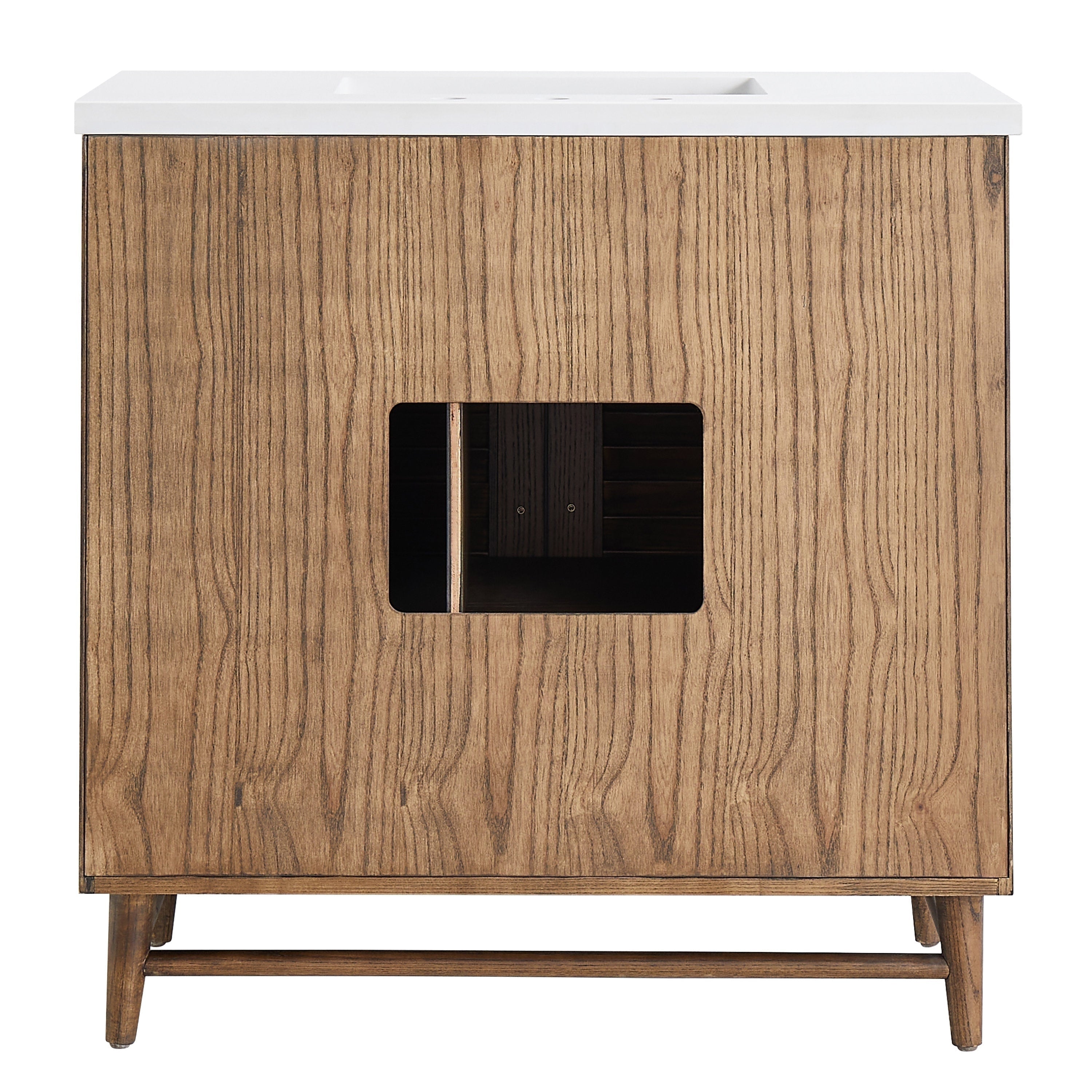 36-inch walnut bathroom vanity with natural wood grain, tapered legs and stretcher, pure white quartz top with rectangular undermount sink and 8-inch widespread faucet holes, and centered rectangular cutout for plumbing access.