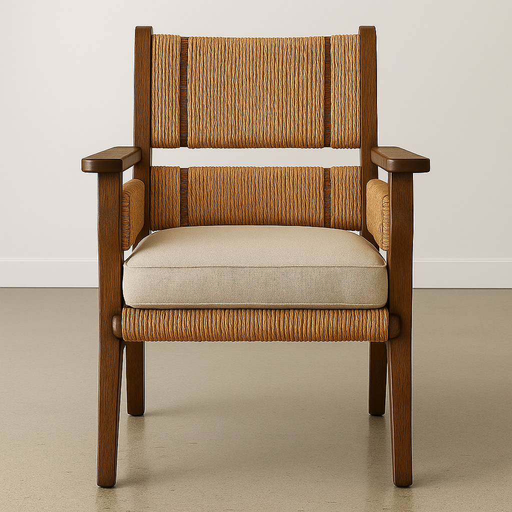 Front-facing teak-framed reading chair with woven seagrass back and seat trim, beige fabric seat cushion and solid wood armrests in a neutral setting.