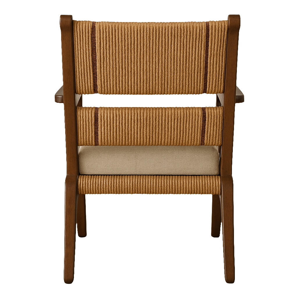 Back view of a teak frame reading chair with honey-toned seagrass woven back panels, a beige fabric seat cushion, and natural wood arms and legs, highlighting the ribbed rope texture and two horizontal woven bands.