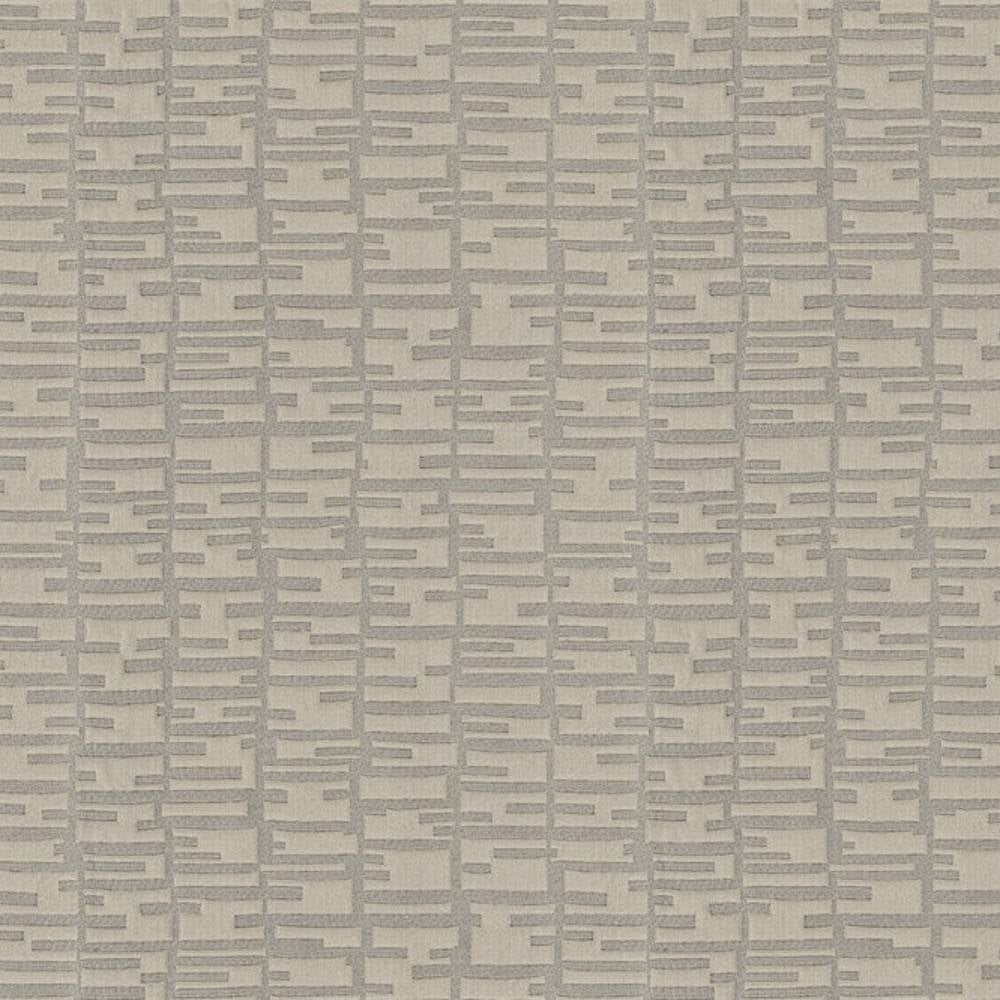 Close-up of 100% polyester contemporary upholstery fabric in neutral gray, featuring a textured linear grid of short rectangular stripes on a light gray-beige ground, suitable for sofas and curtains.