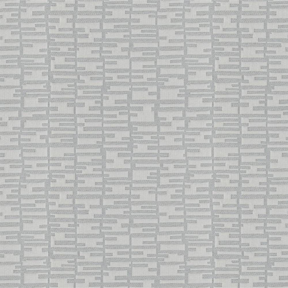 Close-up of contemporary 100% polyester light gray upholstery fabric showing an abstract geometric grid of narrow horizontal and vertical rectangular lines on a slightly lighter background, ideal for sofas and curtains.