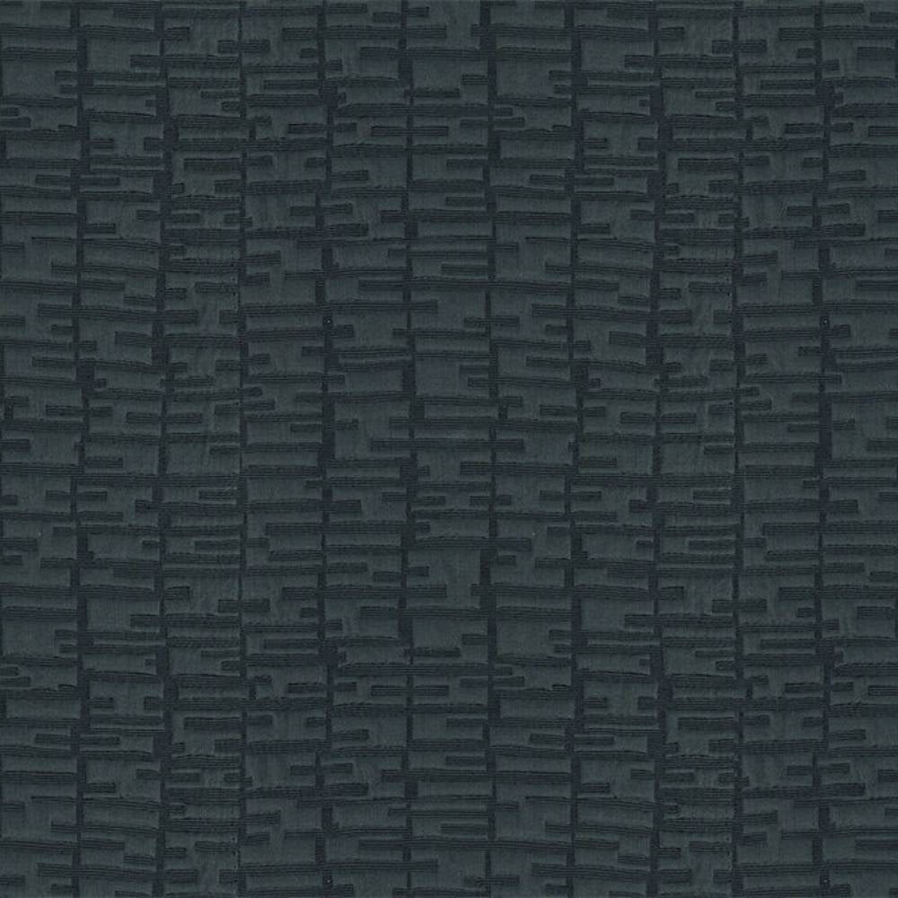 Close-up of dark gray 100% polyester upholstery fabric with a contemporary raised grid pattern of short horizontal and vertical bars, showing texture and weave suitable for sofas and curtains.