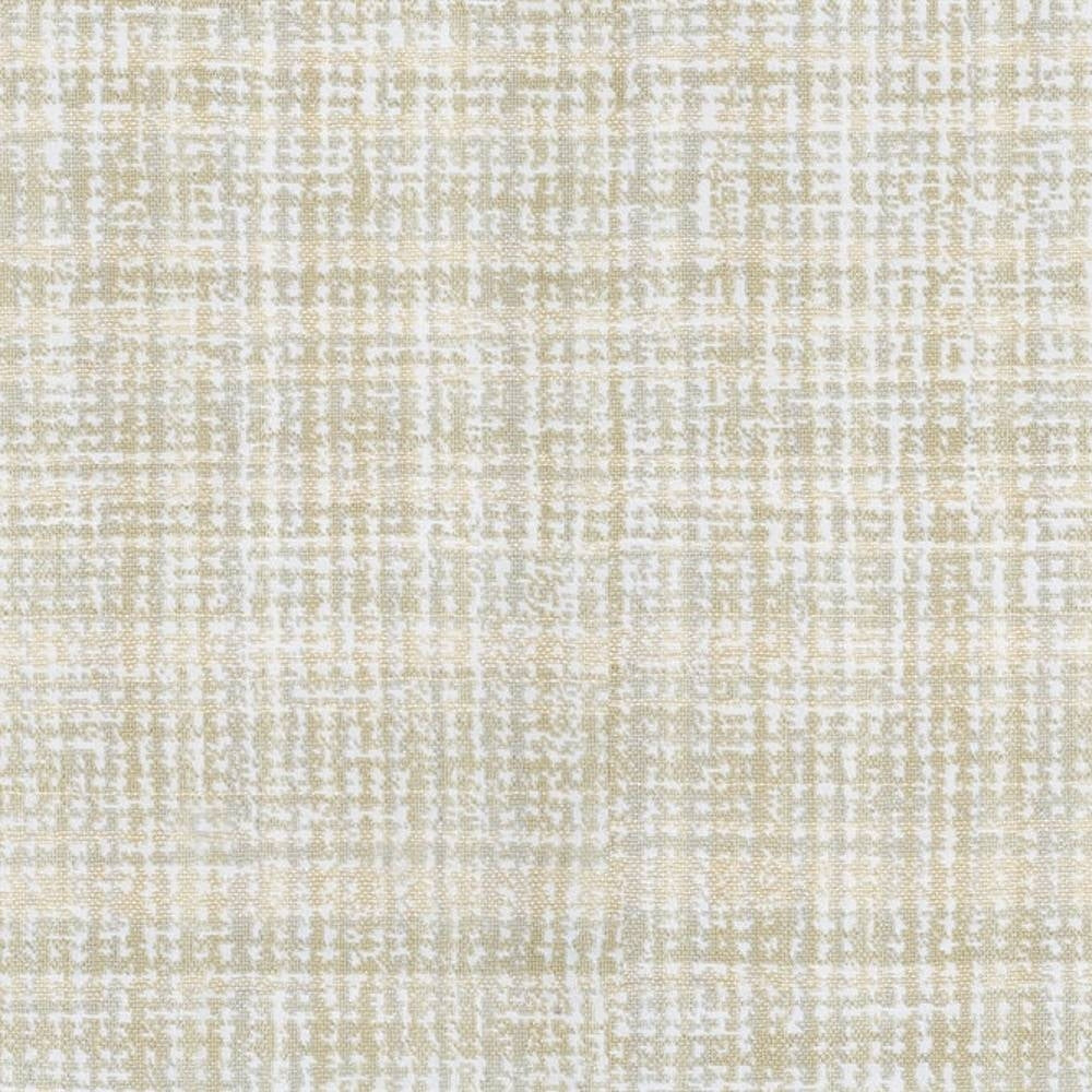 Close-up of a neutral beige and light gray woven upholstery fabric swatch showing a subtle crosshatched texture; 100% polyester suitable for contemporary sofa upholstery.