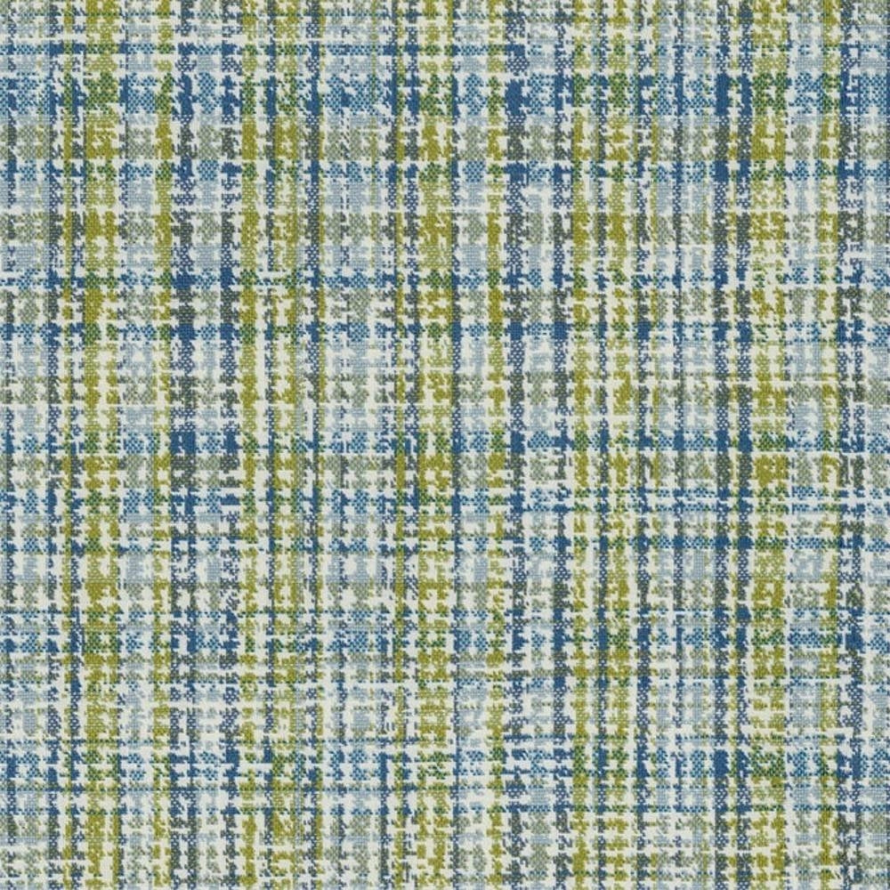 Close-up of 100% polyester upholstery fabric showing a textured plaid weave in blue, green, gray and white tones, a contemporary, modern pattern suited for sofas and indoor seating.