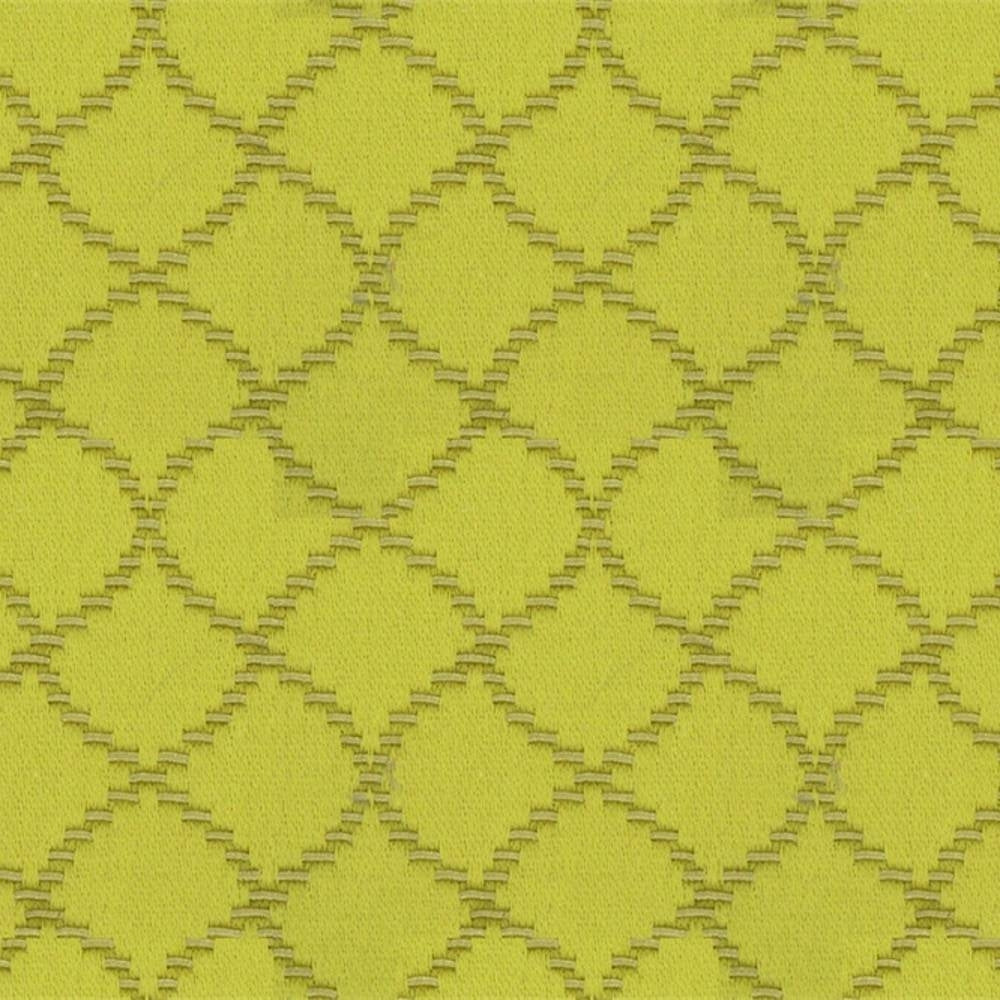 Close-up of natural yellow-green trellis-pattern upholstery fabric showing textured woven diamond motifs and raised jacquard details, 55% cotton and 45% polyester, suitable for sofas.