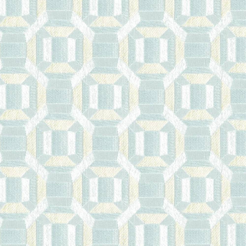 Close-up of 100% polyester upholstery fabric in pale seafoam, cream and white showing a repeating octagonal geometric motif with subtle woven texture and a 2.5 x 2.5 inch pattern repeat, suited for contemporary sofas.