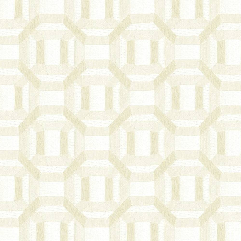 Close-up of cream and off-white contemporary upholstery fabric showing a subtle octagon lattice geometric pattern in textured 100% polyester, ideal for modern sofas and neutral interiors.
