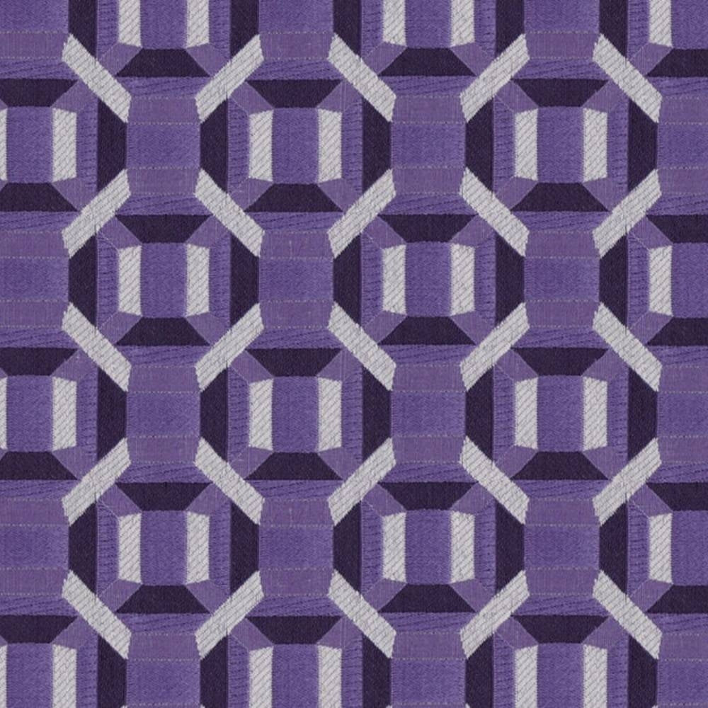 Close-up of purple geometric upholstery fabric showing an interlocking 3D cube motif in dark and light purple and lilac tones, woven 100% polyester for contemporary modern sofas.