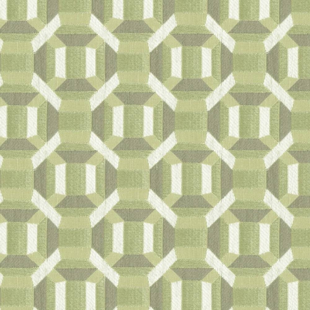 Close-up of 100% polyester upholstery fabric with a repeating geometric octagon pattern in pale green and cream, textured jacquard weave suitable for contemporary sofas.