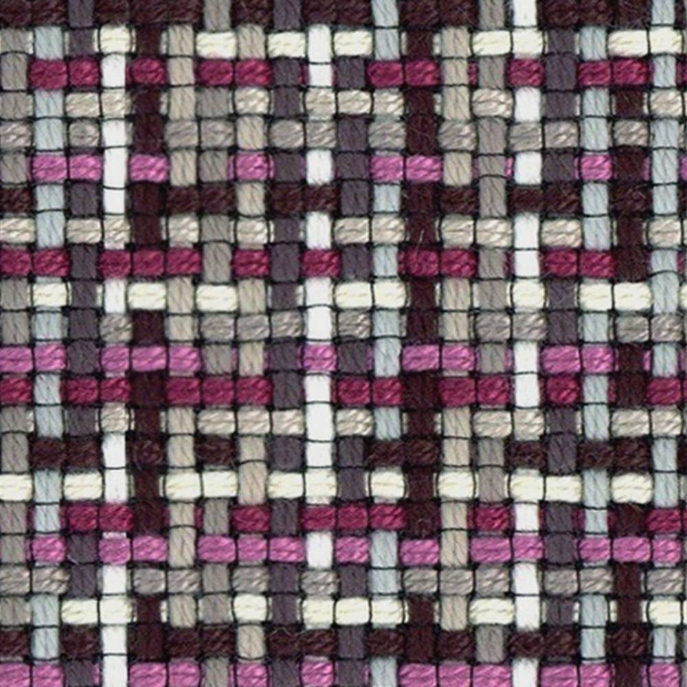 Close-up of woven 95% acrylic, 5% polyester upholstery fabric in a contemporary checked pattern with burgundy, pink, gray and cream yarns.