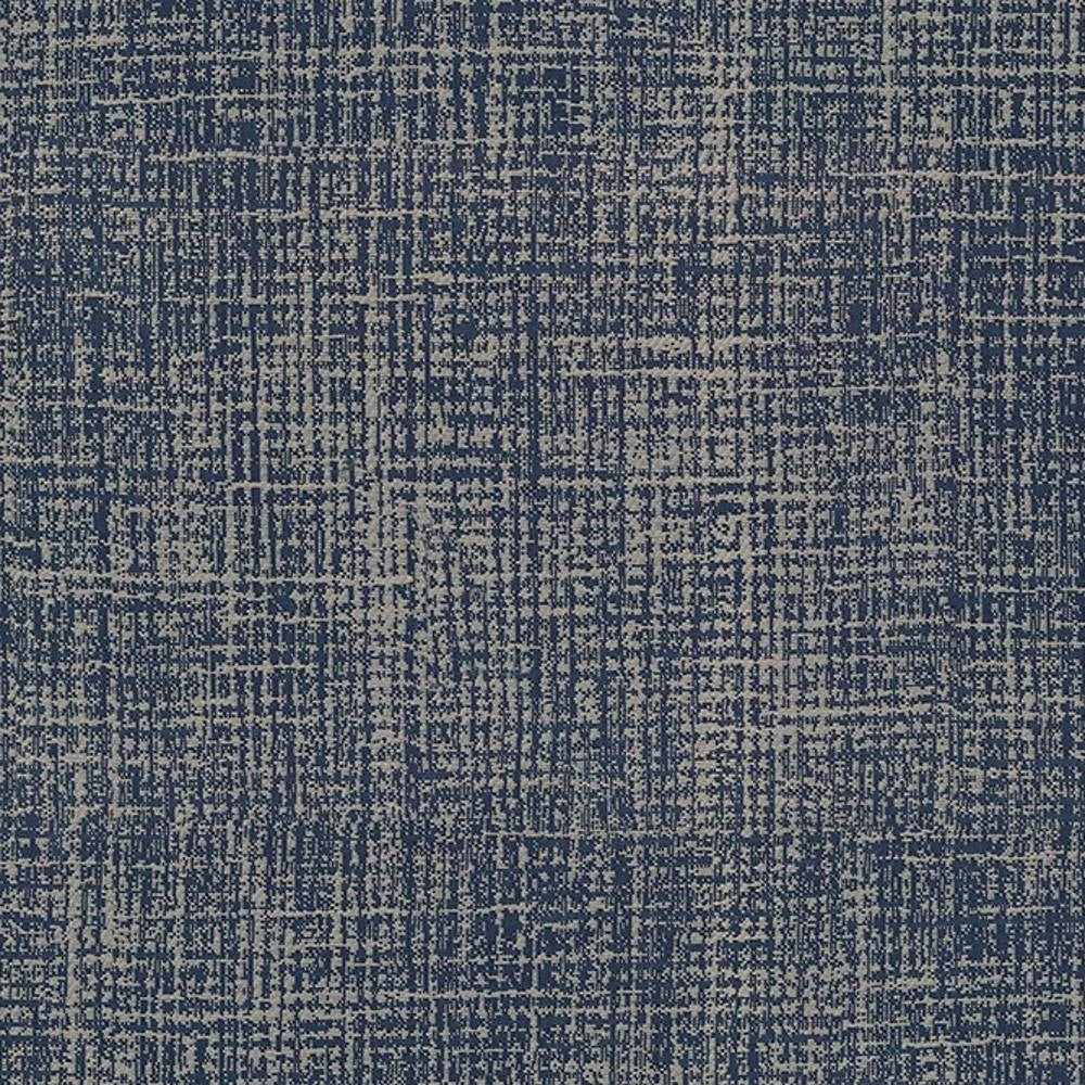 Close-up of navy blue and beige crosshatch upholstery fabric showing a textured woven pattern for sofa use; 100% polyester contemporary upholstery material.