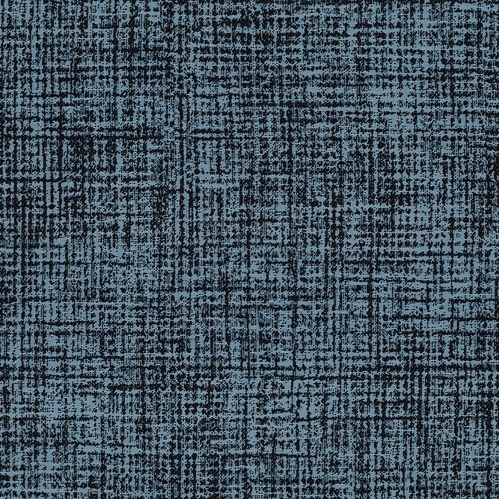 Close-up of blue-gray 100% polyester upholstery fabric showing an irregular black crosshatch texture, contemporary look suitable for sofas and modern interior upholstery.