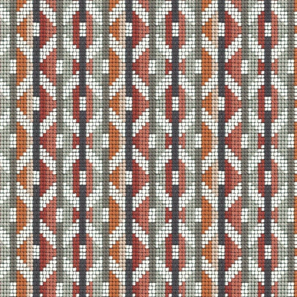 Close-up of woven sofa upholstery (95% acrylic, 5% polyester) showing a contemporary geometric vertical stripe pattern with rust orange and deep red chevrons, charcoal lines and beige-gray small-square weave.