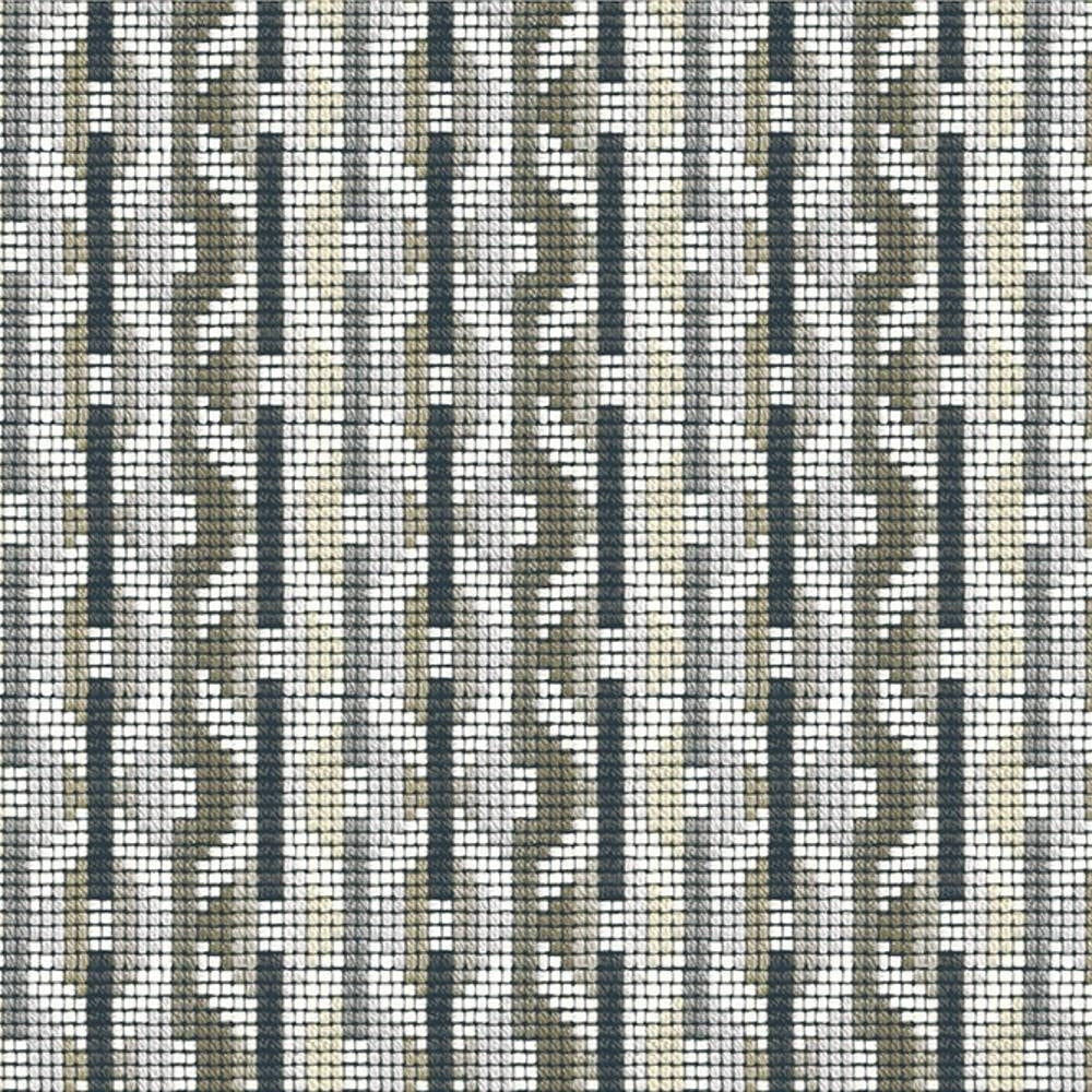Close-up of woven upholstery fabric in beige and gray with a small square-grid weave and repeating vertical geometric stripe pattern; contemporary sofa fabric made of 95% acrylic and 5% polyester.