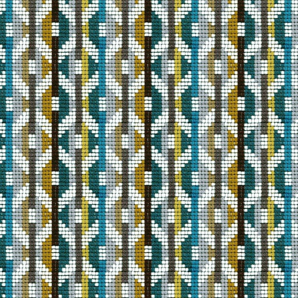 Close-up of woven upholstery fabric featuring repeating geometric vertical stripes in teal, mustard, gray, white and brown; 95% acrylic, 5% polyester fabric suitable for contemporary sofas.