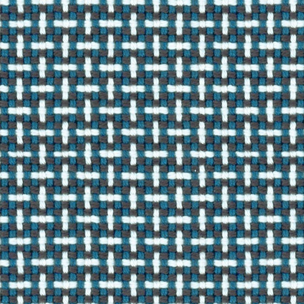 Close-up of woven 100% acrylic upholstery fabric in teal, white and charcoal showing a textured, small-scale grid/check pattern suited for contemporary sofa upholstery.