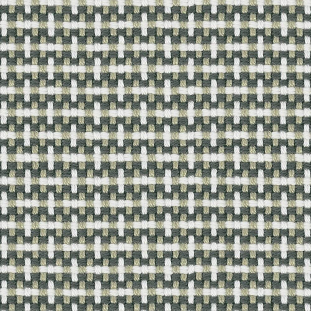 Close-up of 100% acrylic upholstery fabric showing a small woven check pattern in white, beige and muted gray-green yarns, highlighting the textured basket-weave suitable for contemporary and modern sofas.