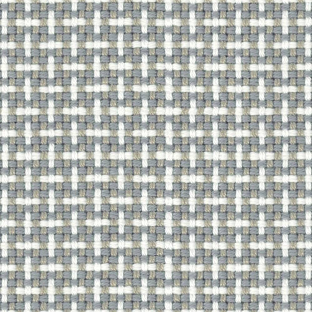 Close-up of neutral basketweave upholstery fabric in white, light gray and beige showing a tight 0.5" x 0.5" woven texture; 100% acrylic for contemporary sofas.