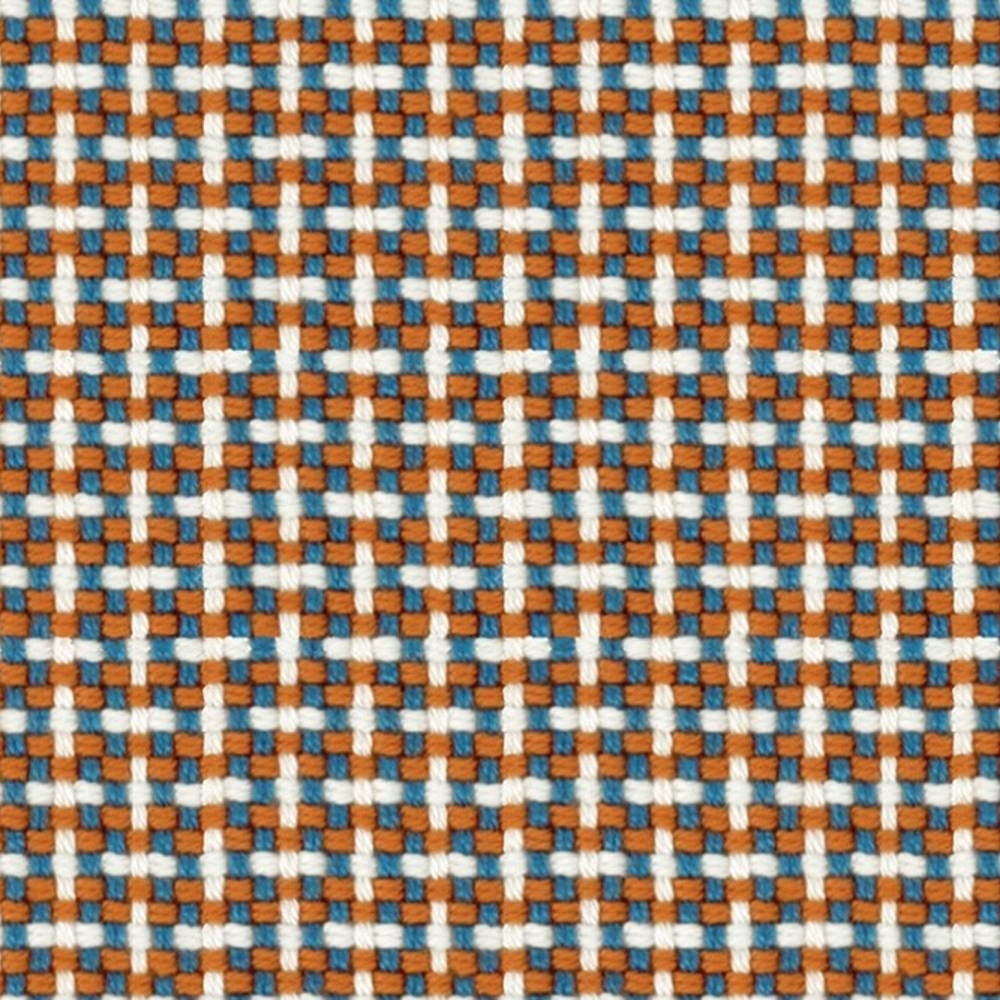 Close-up of 100% acrylic woven upholstery fabric in a small check pattern with orange, blue and white threads, showing textured contemporary material suitable for sofa upholstery.