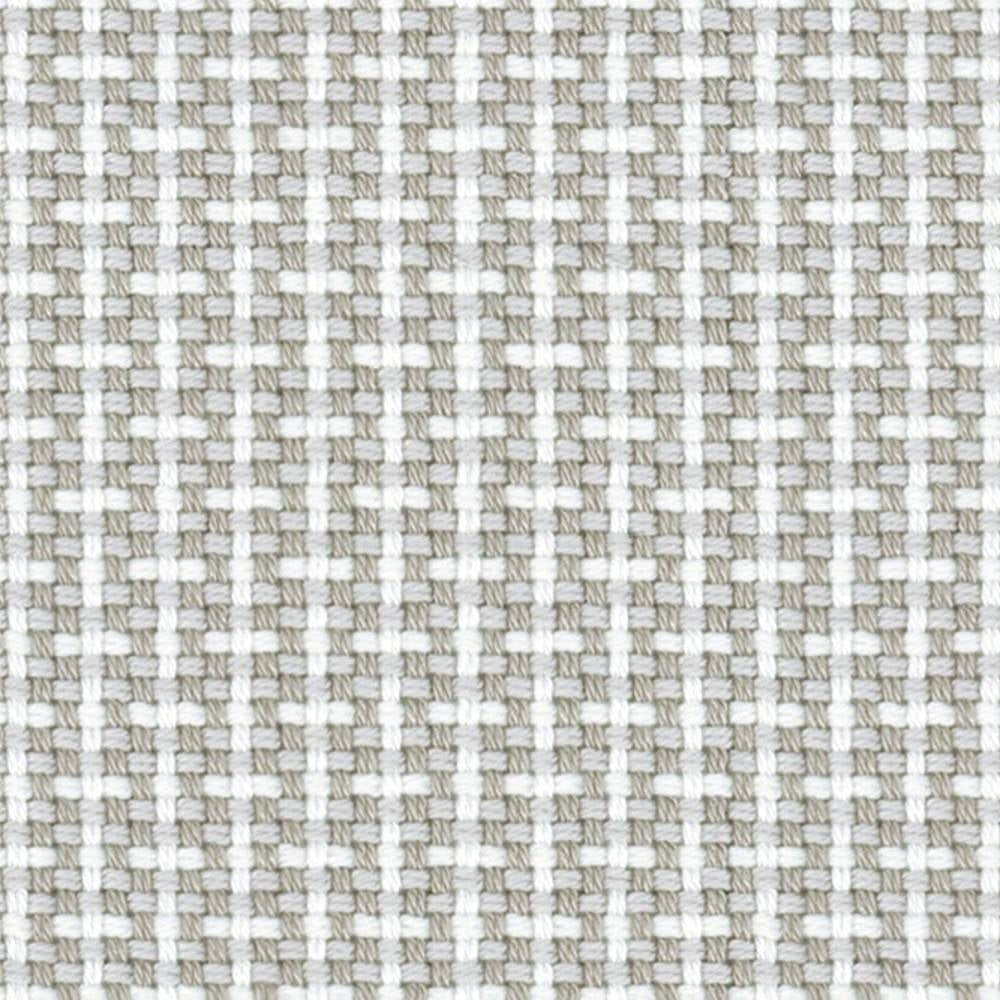 Close-up of beige and white woven upholstery fabric showing a small basket-weave texture and subtle grid pattern; 100% acrylic suitable for contemporary sofa and indoor use.