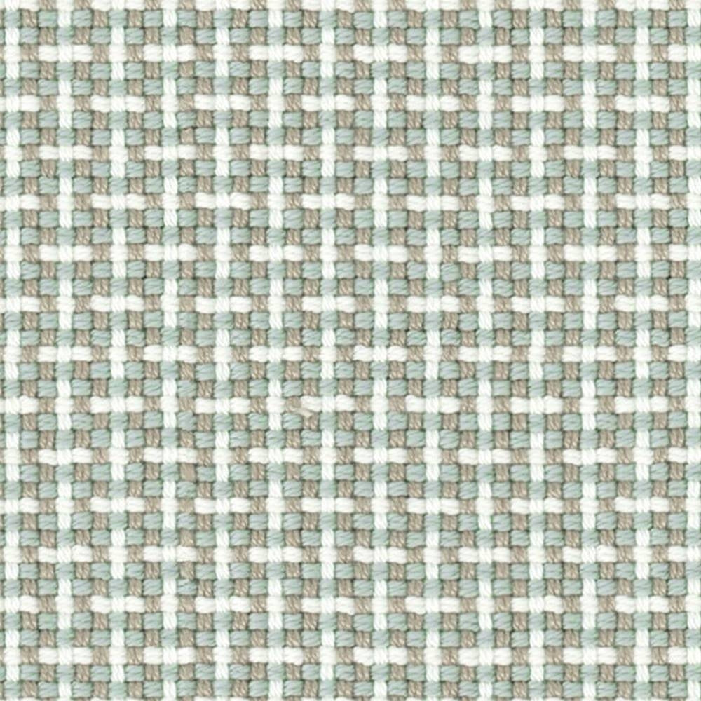 Close-up of a small-scale woven upholstery fabric in beige, white and pale green, 100% acrylic with a 0.5-inch basketweave check pattern, shown for contemporary sofa use.