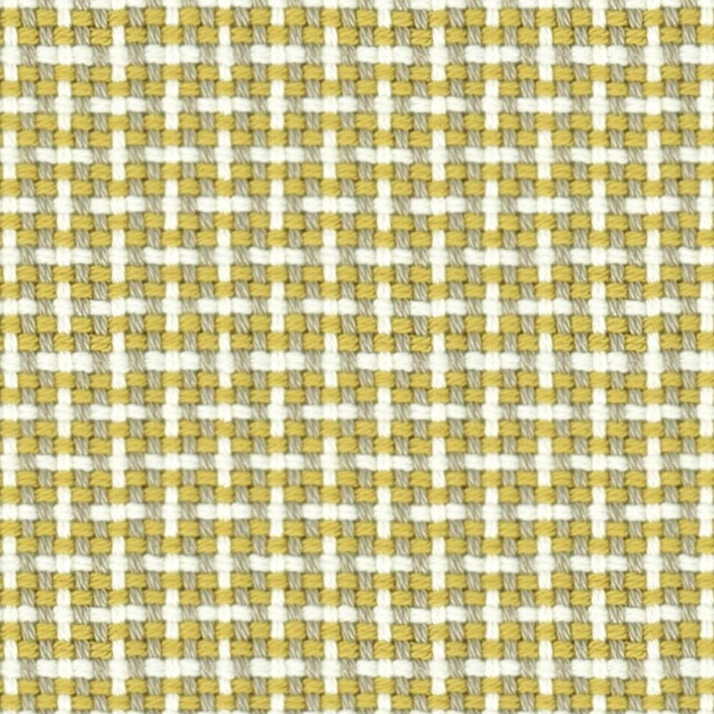 Close-up of a yellow, beige and white woven upholstery fabric showing a small basketweave check pattern and textured yarns; 100% acrylic suitable for contemporary sofa applications.