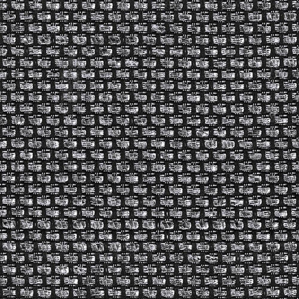Close-up of 100% polyester sofa upholstery fabric showing a tight black-and-gray basketweave with small rectangular textured yarns, a neutral indoor fabric suitable for sofas.