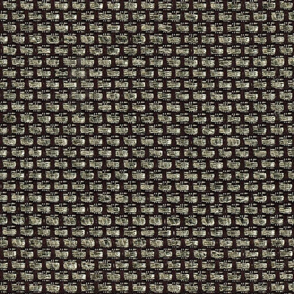 Close-up of a 100% polyester woven upholstery fabric sample in beige and dark brown, showing a tight basketweave texture of rectangular beige slubs on a brown ground, ideal for sofas and indoor upholstery.