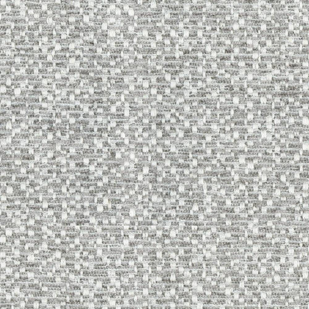 Close-up of a neutral light gray and white woven upholstery fabric swatch in a 70% polyester, 5% linen, 25% viscose blend showing a subtle textured basketweave pattern.