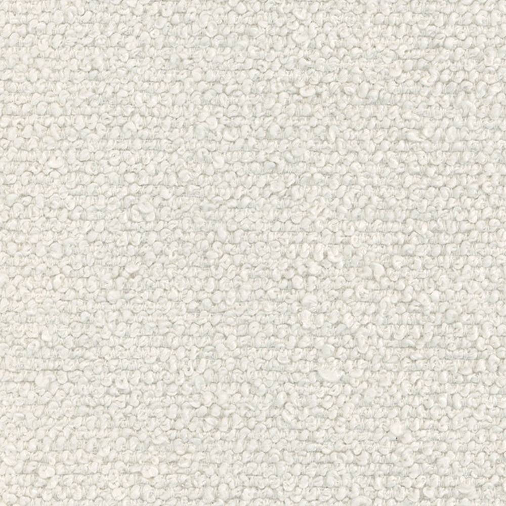 Close-up of cream 100% polyester bouclé upholstery fabric showing dense looped, nubby texture ideal for sofas and neutral interiors.