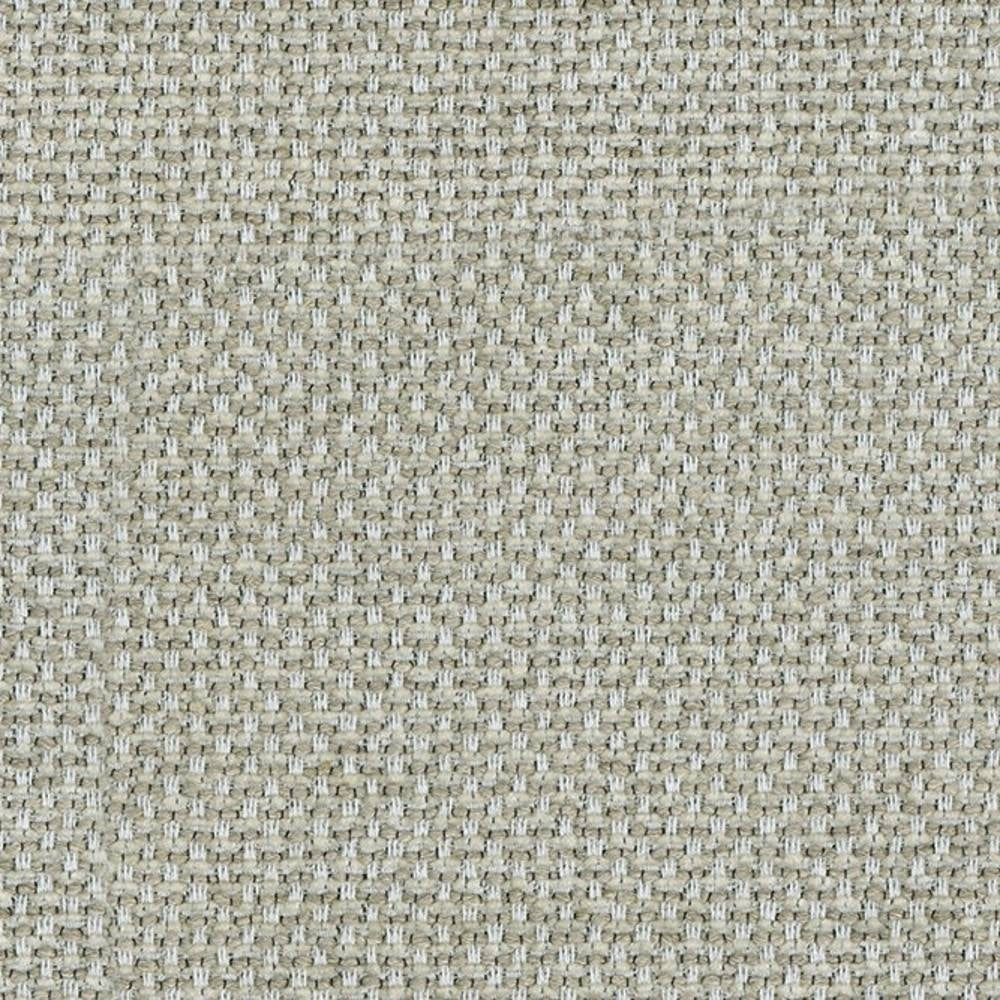 Close-up of beige woven upholstery fabric showing a subtle basket-weave texture, made from a viscose, linen, acrylic and polyester blend for indoor sofa use.