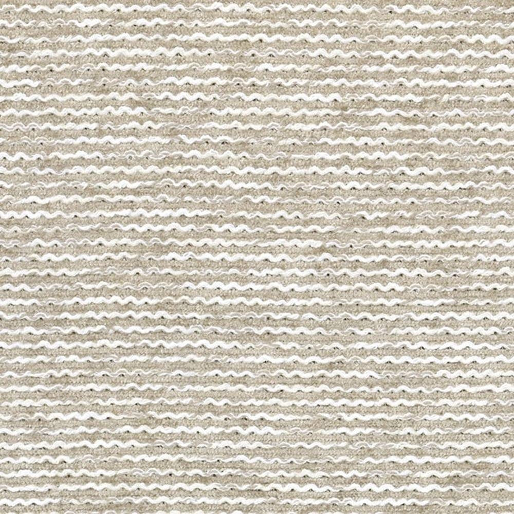 Close-up of beige upholstery fabric (55% viscose, 45% polyester) showing narrow wavy horizontal stripes in beige and white with a looped, bouclé-like textured weave for sofa upholstery.
