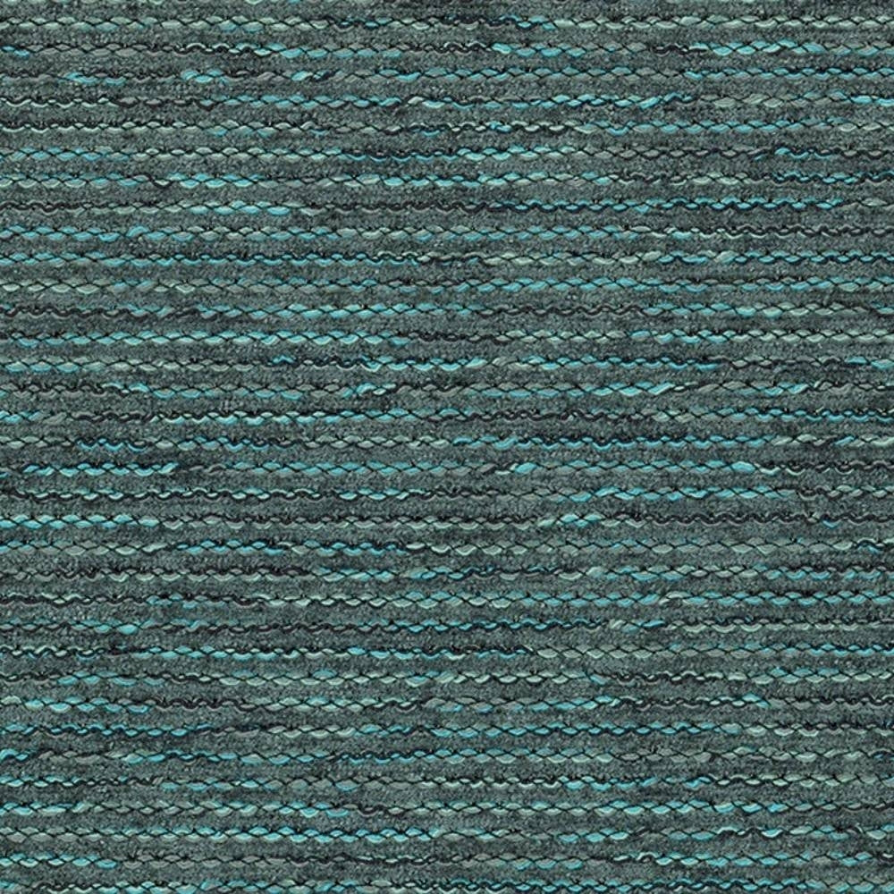 Close-up of teal and charcoal woven upholstery fabric with horizontal textured rows, showing looped 55% viscose/45% polyester yarn and subtle color variation suitable for sofa upholstery.