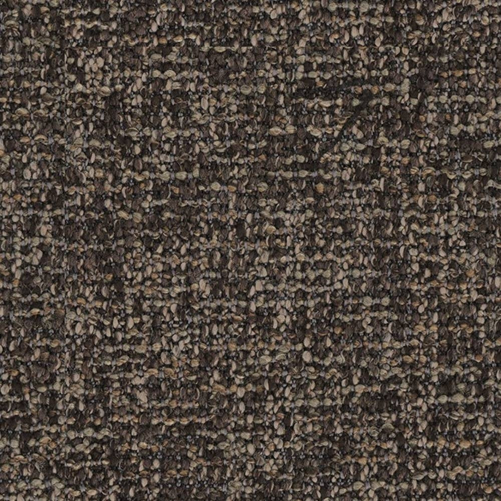 Close-up swatch of neutral brown textured upholstery fabric showing a looped, nubby weave with multi-tone flecking; 70% acrylic and 30% polyester blend suited for contemporary sofa upholstery.