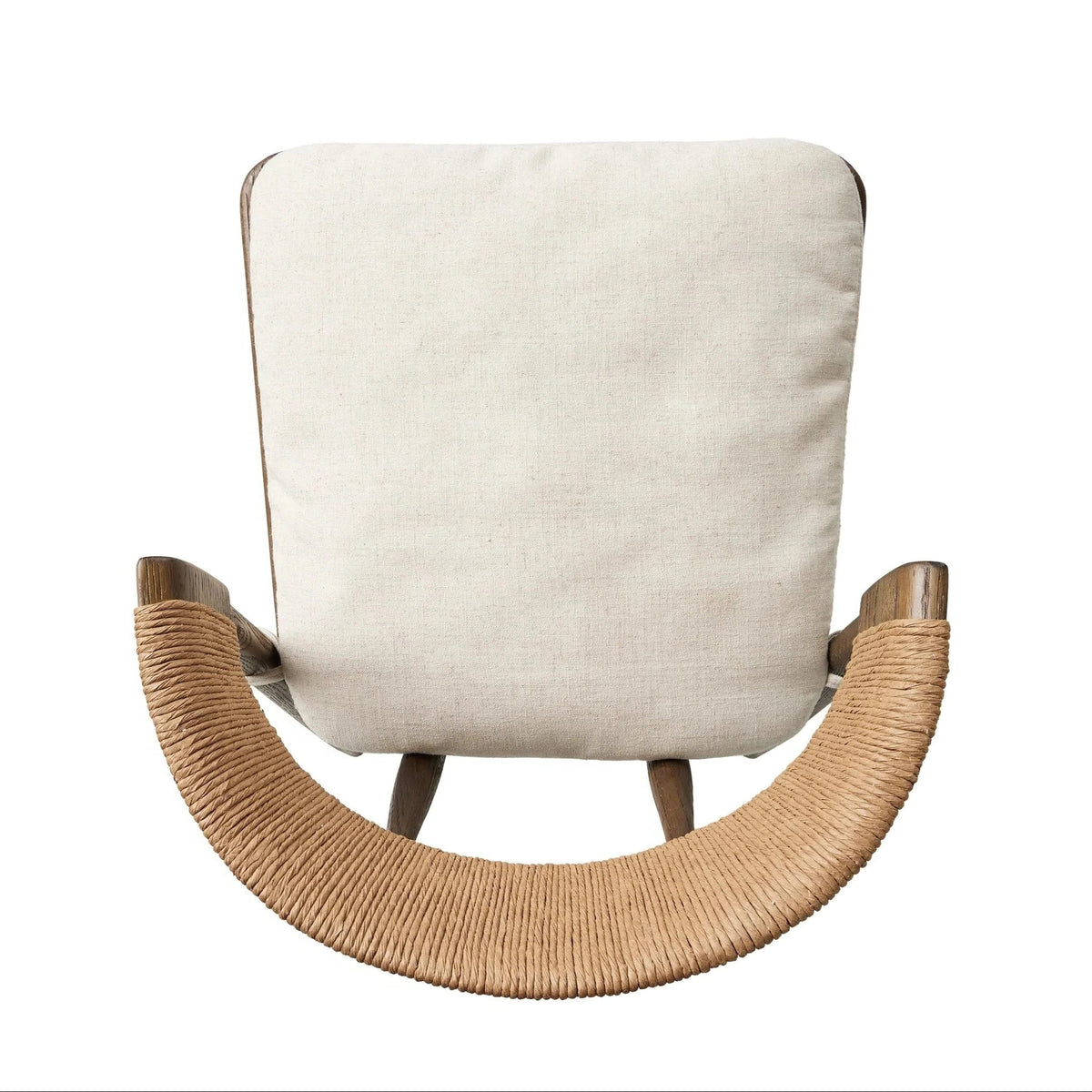 Top-down view of a natural wood bar stool showing a cream fabric cushioned seat and a rope-wrapped C-shaped backrest, highlighting woven rope detail and the rounded wood frame.