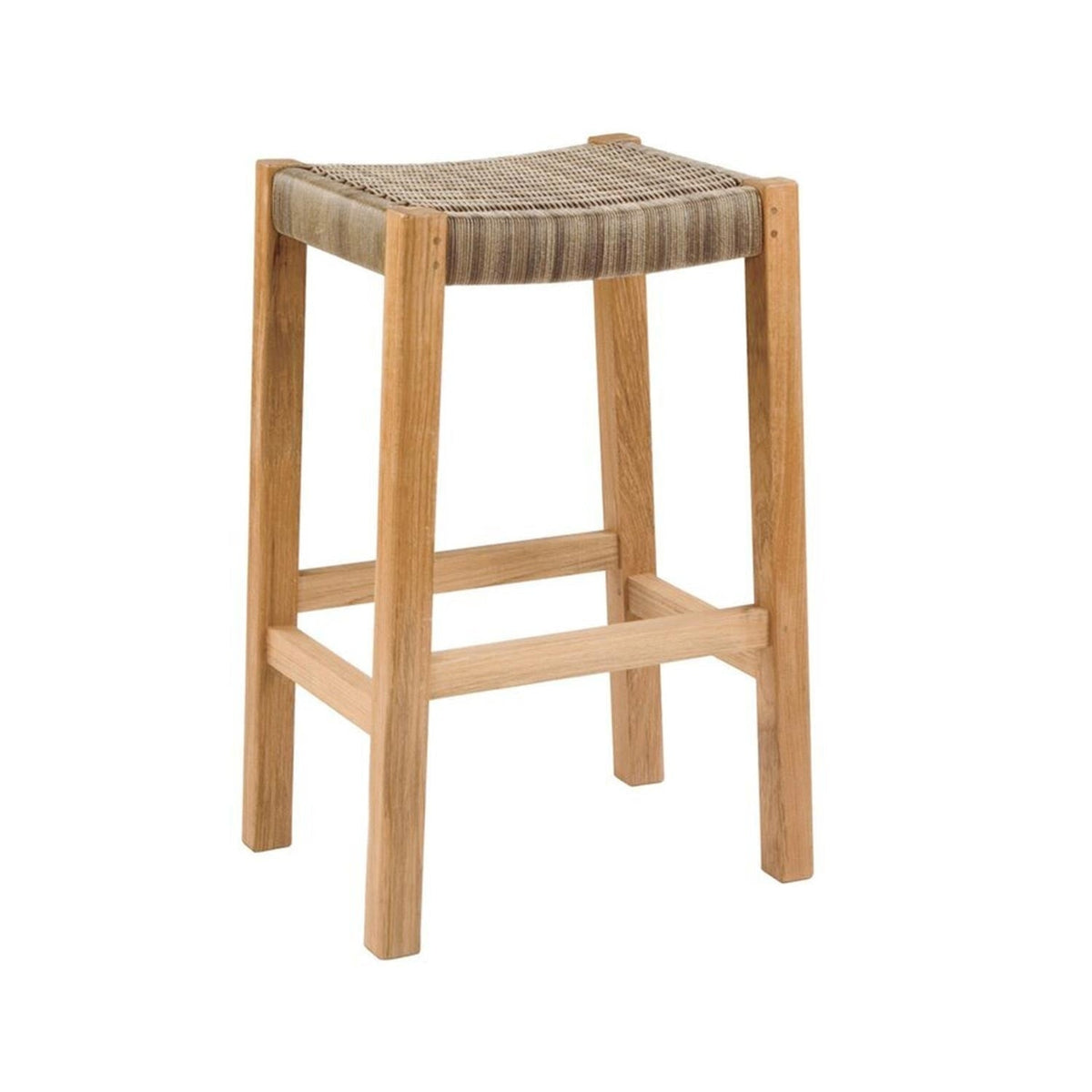 Backless outdoor bar stool in solid teak with a woven gray-beige seat, straight square legs and cross stretchers in a coastal contemporary style for kitchen islands or patios.