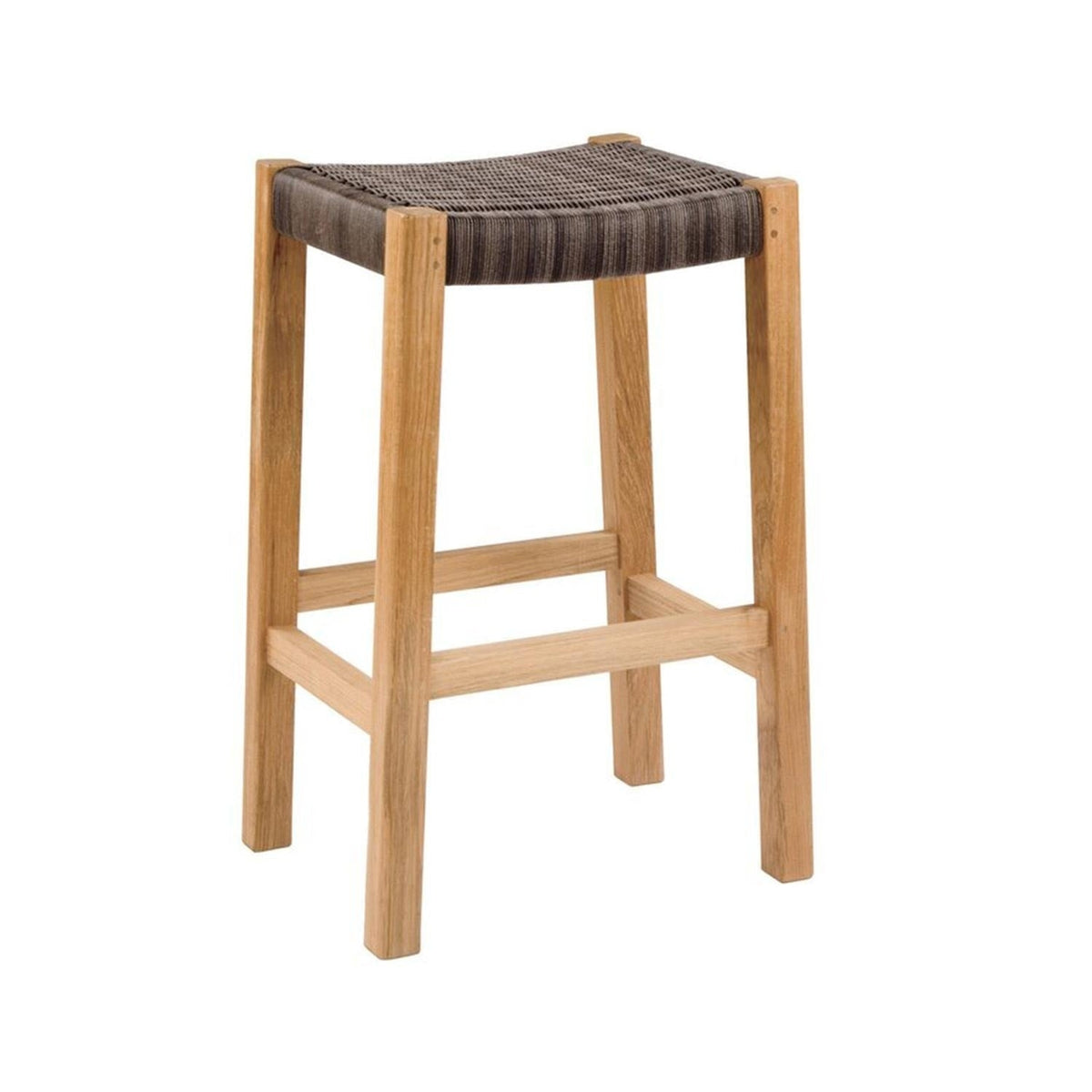 Backless teak outdoor bar stool with a natural teak wood frame and woven gray seat, square legs and integrated footrest in a coastal-modern style.