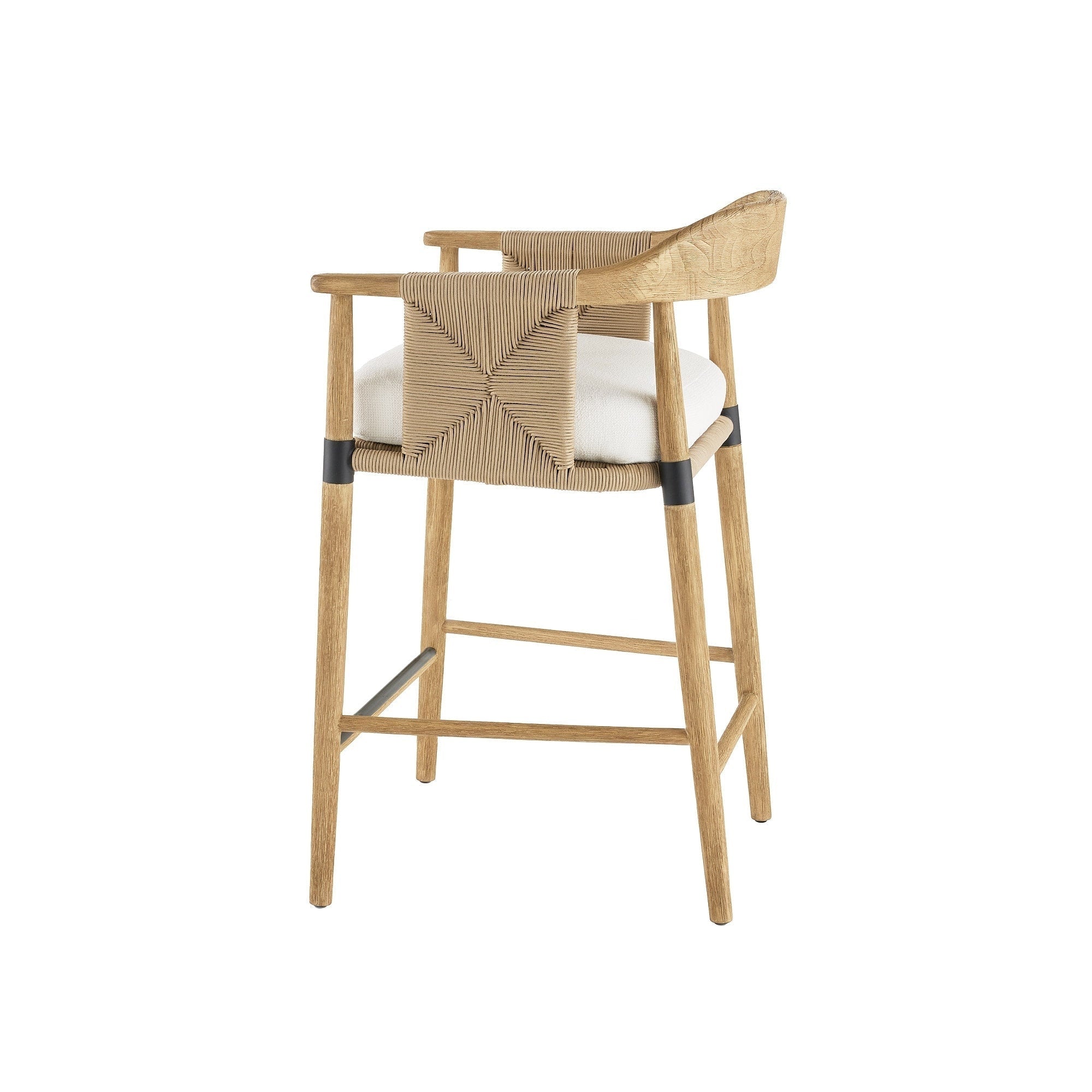 Bar-height stool in natural wood with a woven rope back, white upholstered seat cushion, curved wooden arms, and black metal leg bands and footrest.