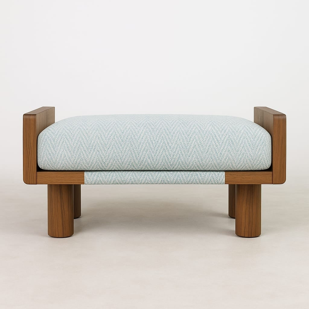 End-of-bed bench with a natural teak wood frame and round legs, topped with a thick cream-and-aqua boucle fabric cushion featuring a subtle chevron texture, offering clean contemporary coastal styling.