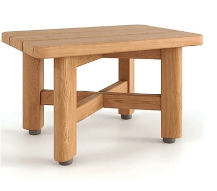 Low solid teak mid-century modern shower stool with rectangular slatted top, four rounded legs joined by cross stretchers and rubber feet in a natural teak finish.