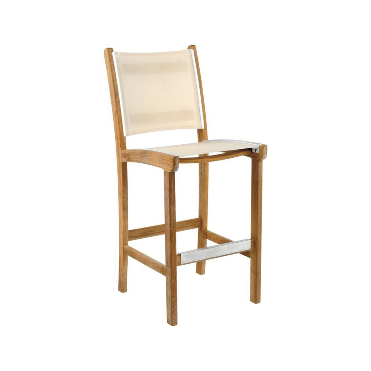 Armless teak outdoor bar stool with a natural wood frame, beige sling seat and back, and a silver metal footrest — coastal-style counter-height stool for kitchen island or patio.