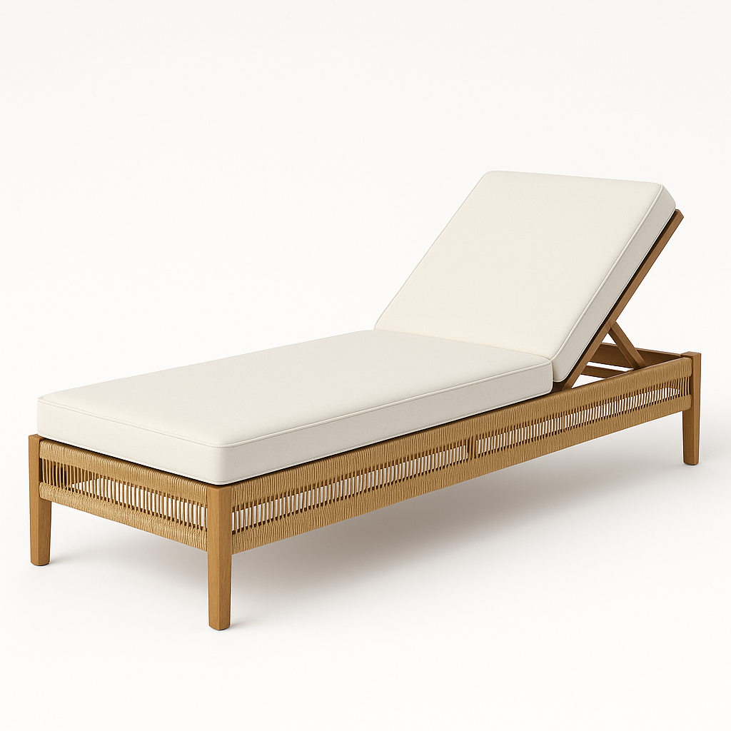 Outdoor teak sun lounger with adjustable backrest, handwoven rope side panels and plush off-white cushions on a low modern coastal frame.