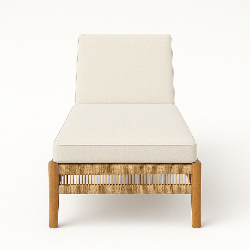 Front view of an outdoor sun lounger with cream-beige cushions resting on a solid teak frame and woven rope skirt, highlighting its coastal-contemporary minimalist design.