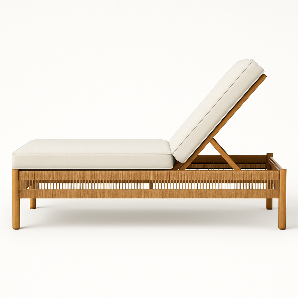 Side profile of a teak outdoor sun lounger with cream cushions, adjustable backrest and woven rope detailing along a solid wood frame on a neutral white background.