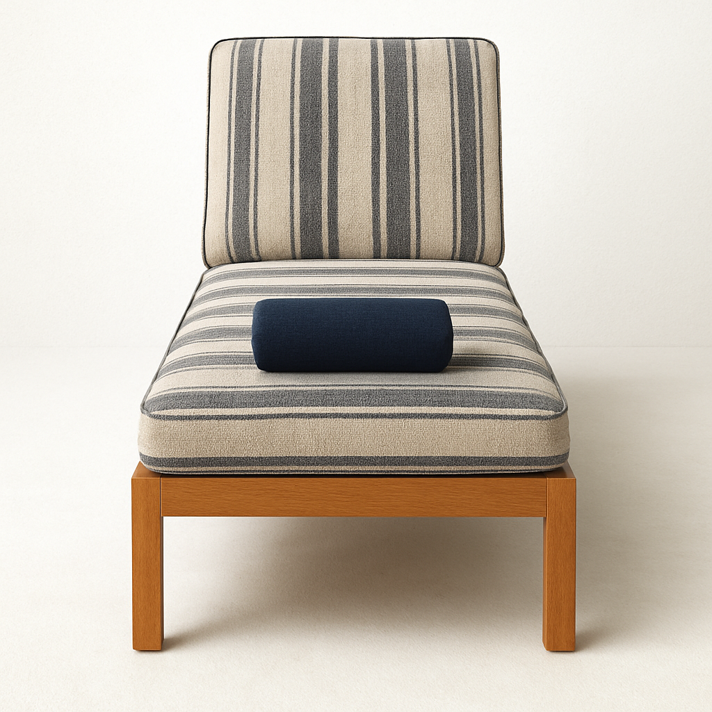Front view of a mid-century modern teak outdoor chaise lounger with striped beige and gray fabric seat and back cushions, a navy cylindrical bolster pillow, and a solid teak wood frame.