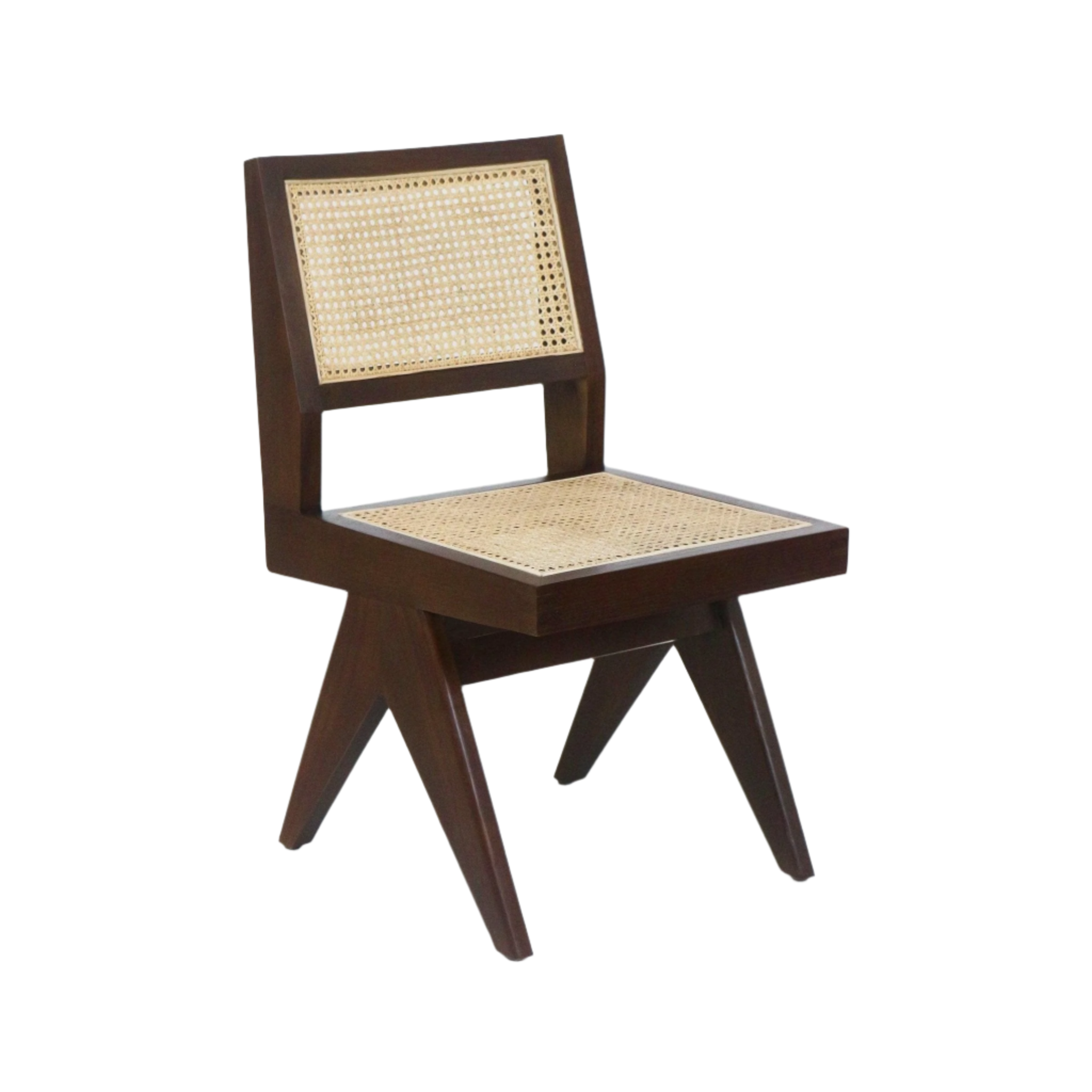 Armless dining side chair in walnut brown solid wood with woven natural cane seat and back, featuring an angular mid-century modern frame and tapered splayed legs.