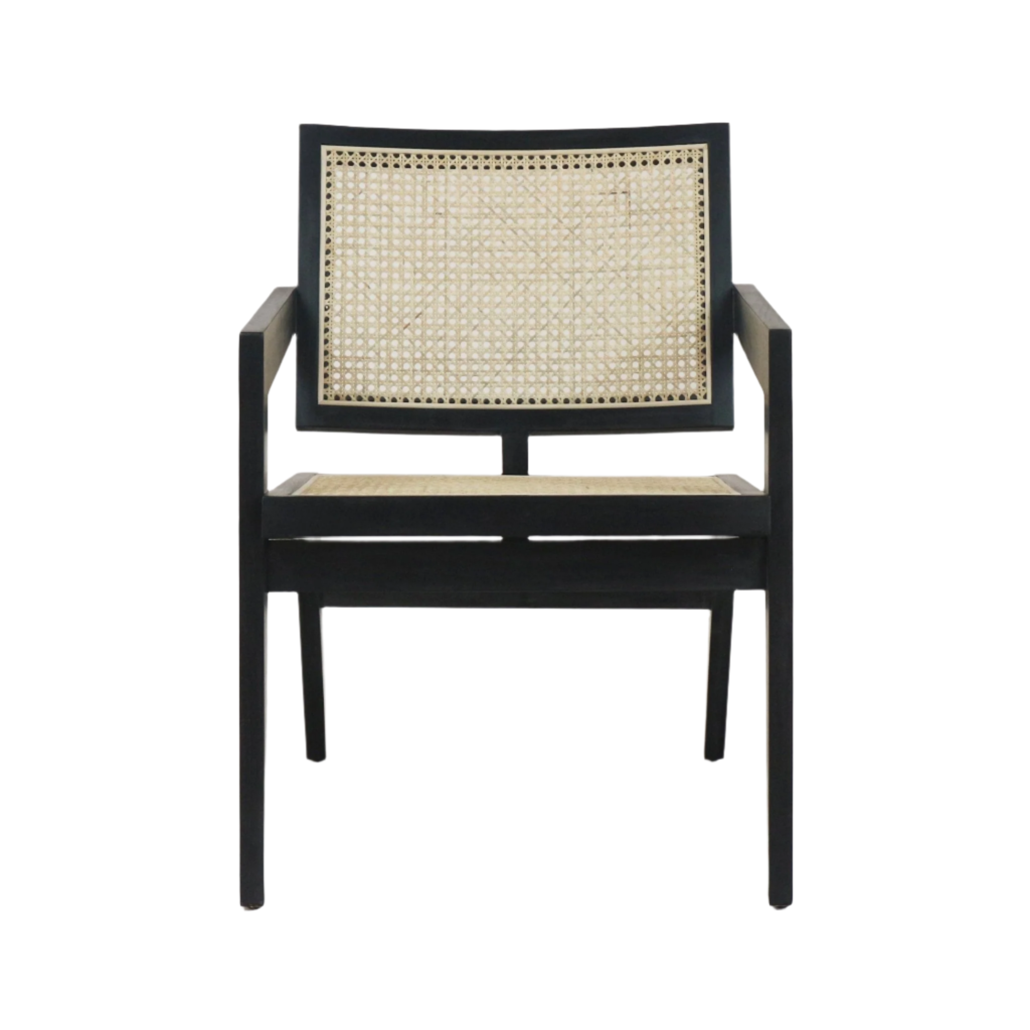 Front view of a lounge chair with a black solid-wood frame and natural woven cane seat and back, slim squared arms and tapered legs forming a mid-century modern silhouette.