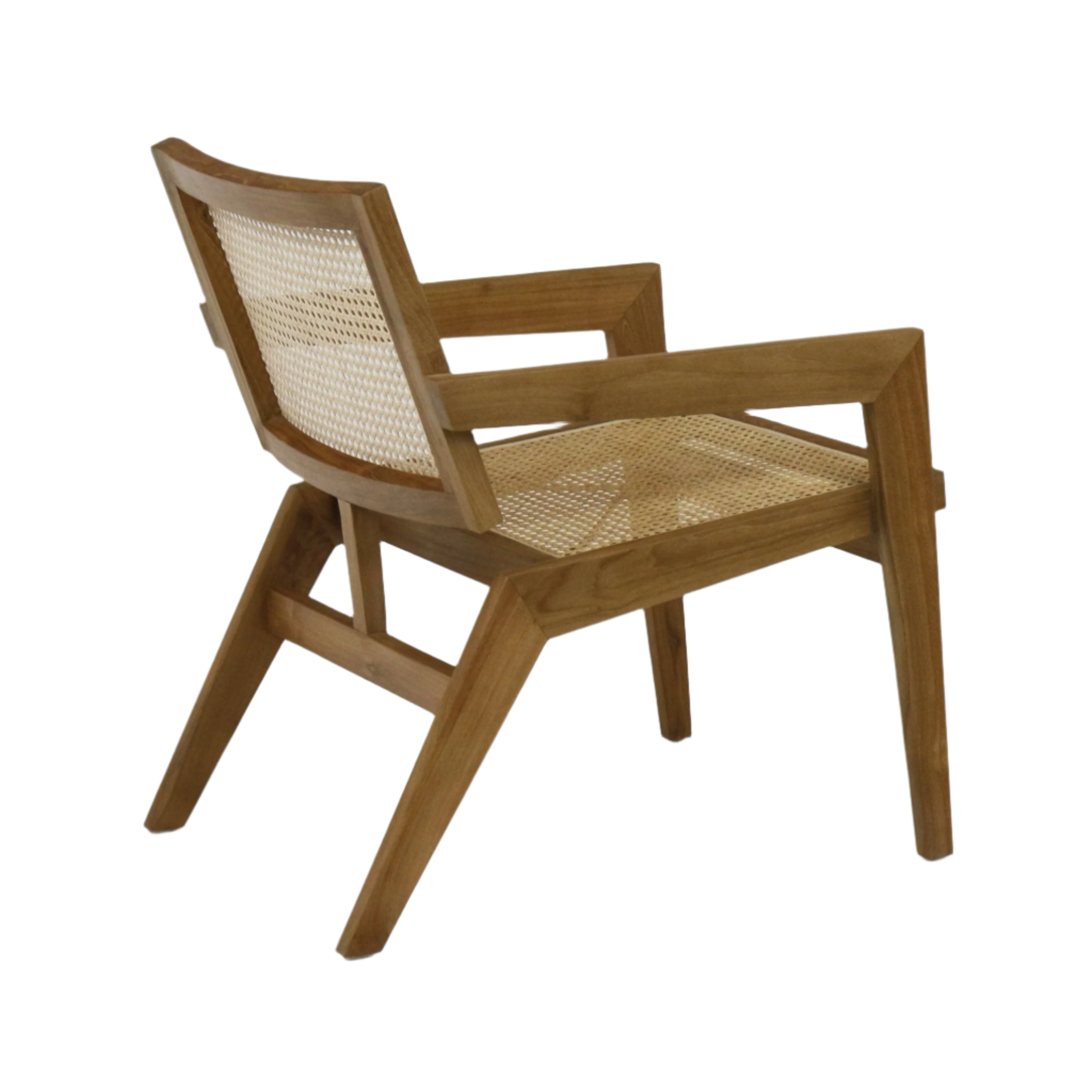 Teak solid-wood lounge chair with woven cane seat and back, angular mid-century modern frame and tapered legs shown at a rear three-quarter angle.